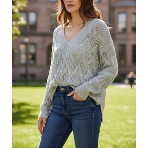 Versona Gray Silver Sequins Open-Knit V-Neck Sweater